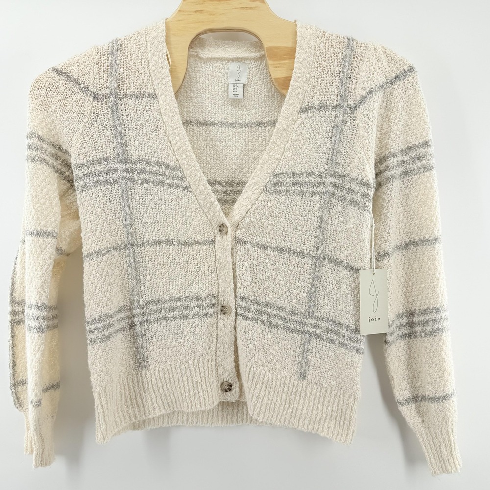 Joie Sweater Womens Large Cream Gray Plaid Button Cardigan Soft Knit Boucle NWT